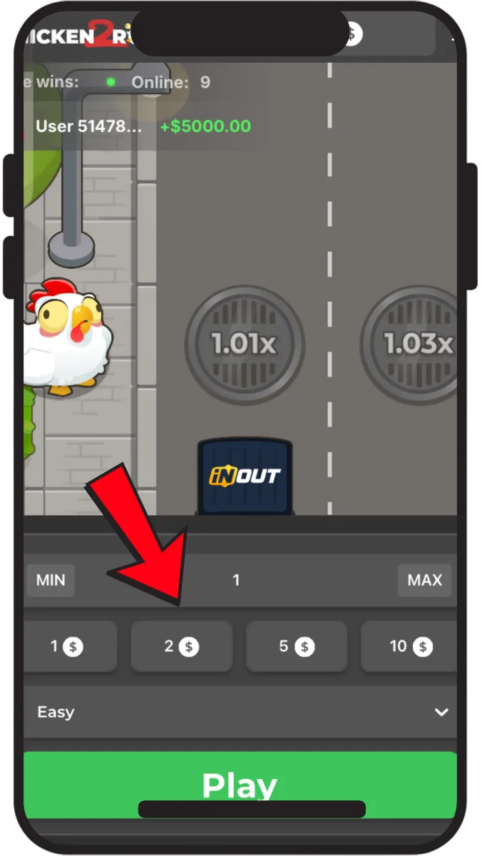Selezione dell'importo della puntata in Chicken Road 2