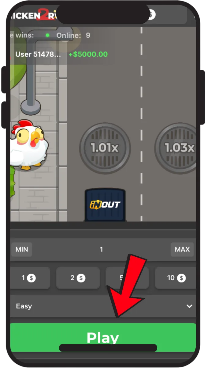 Inizio dei passi del pollo: pulsante Play in Chicken Road 2